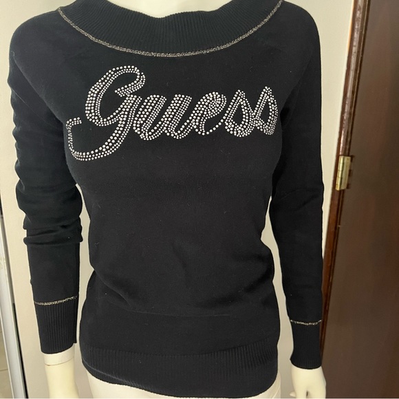 Guess Jeans Sweater T shirt  sweat  Top Blouse Pullover Rhinestones Black NWT M - Picture 1 of 9